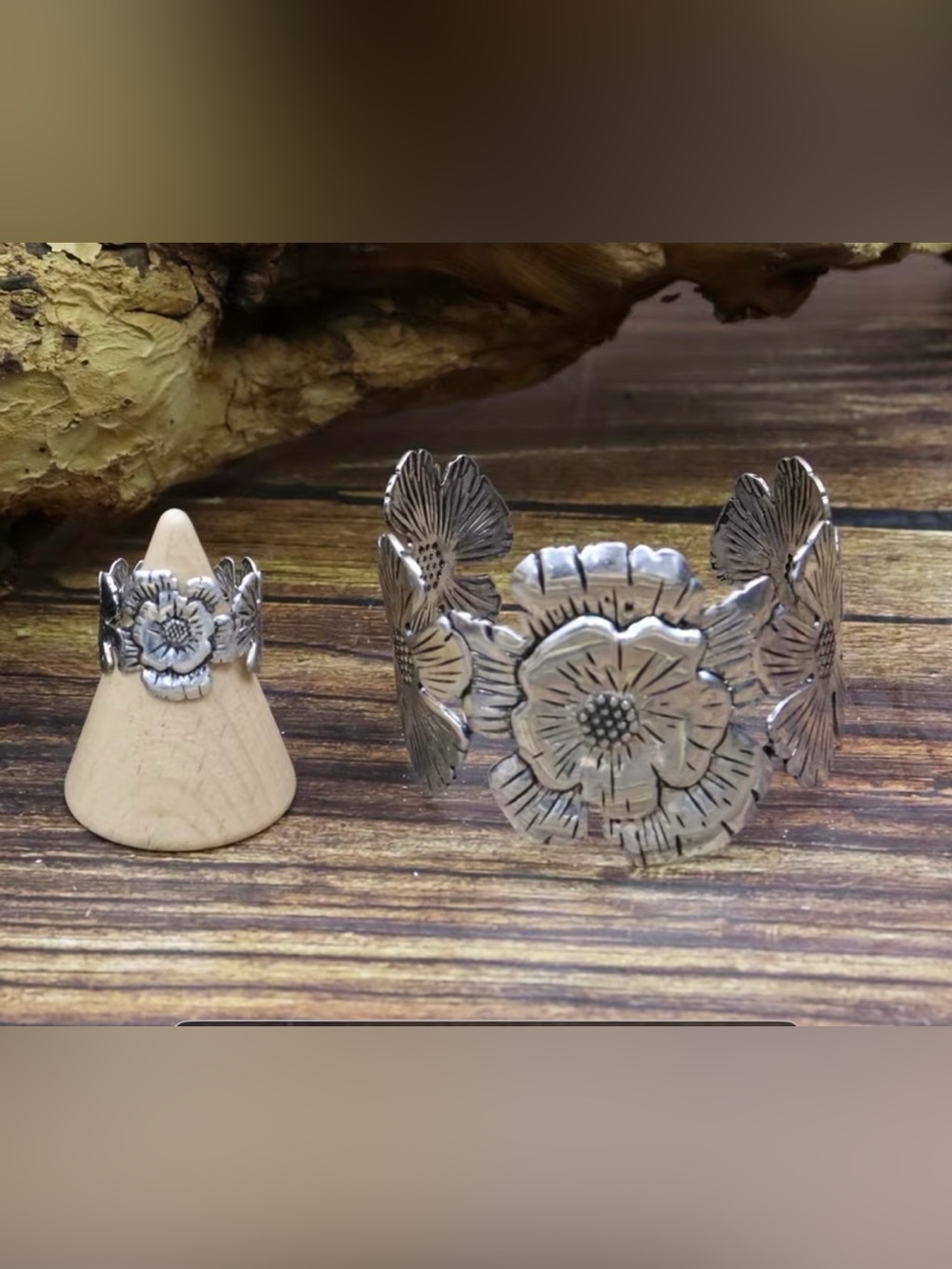 Western Bracelet Ring Set Floral Silver-Tone Cuff Bracelet Bohemian Cuff Set